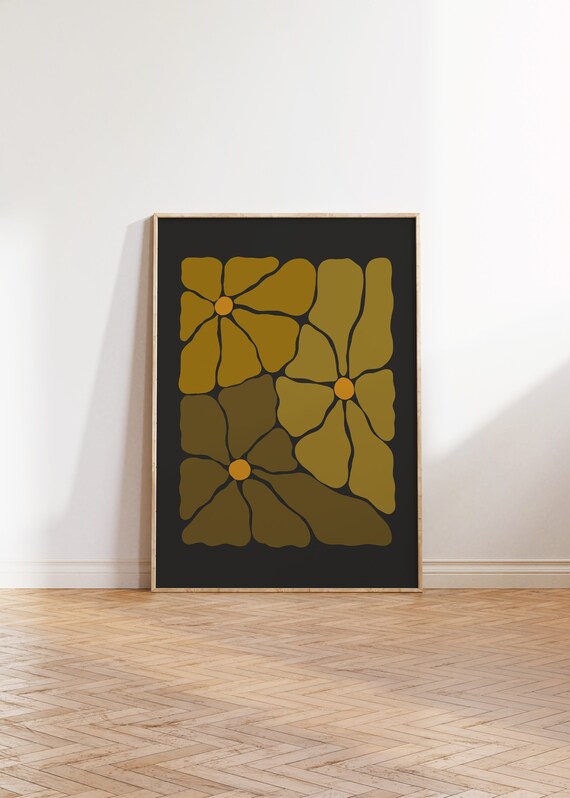 Retro Autumn Flowers Illustration Olive Black Groovy Botanical Poster