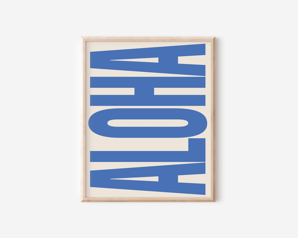 Aloha Bright Blue Block Letters Cream Retro Island Typography Poster - Image 2