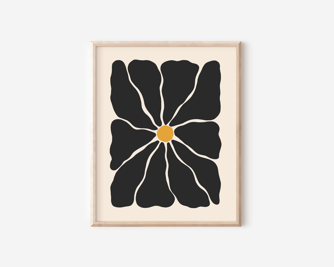 Bold Black Groovy Flower Golden Center Retro Abstract Botanical Poster - Image 2