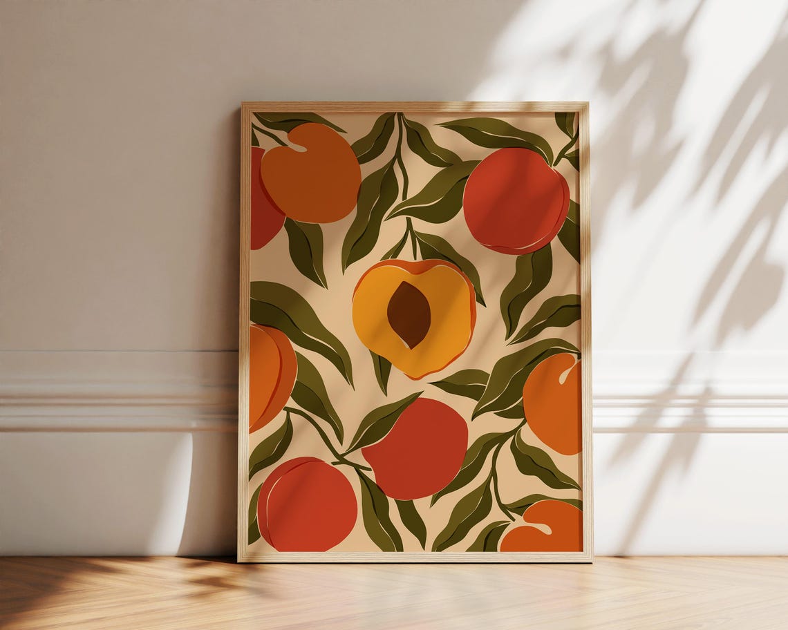 Nectarine Botanical Pattern Retro Fruit Illustration Wall Art