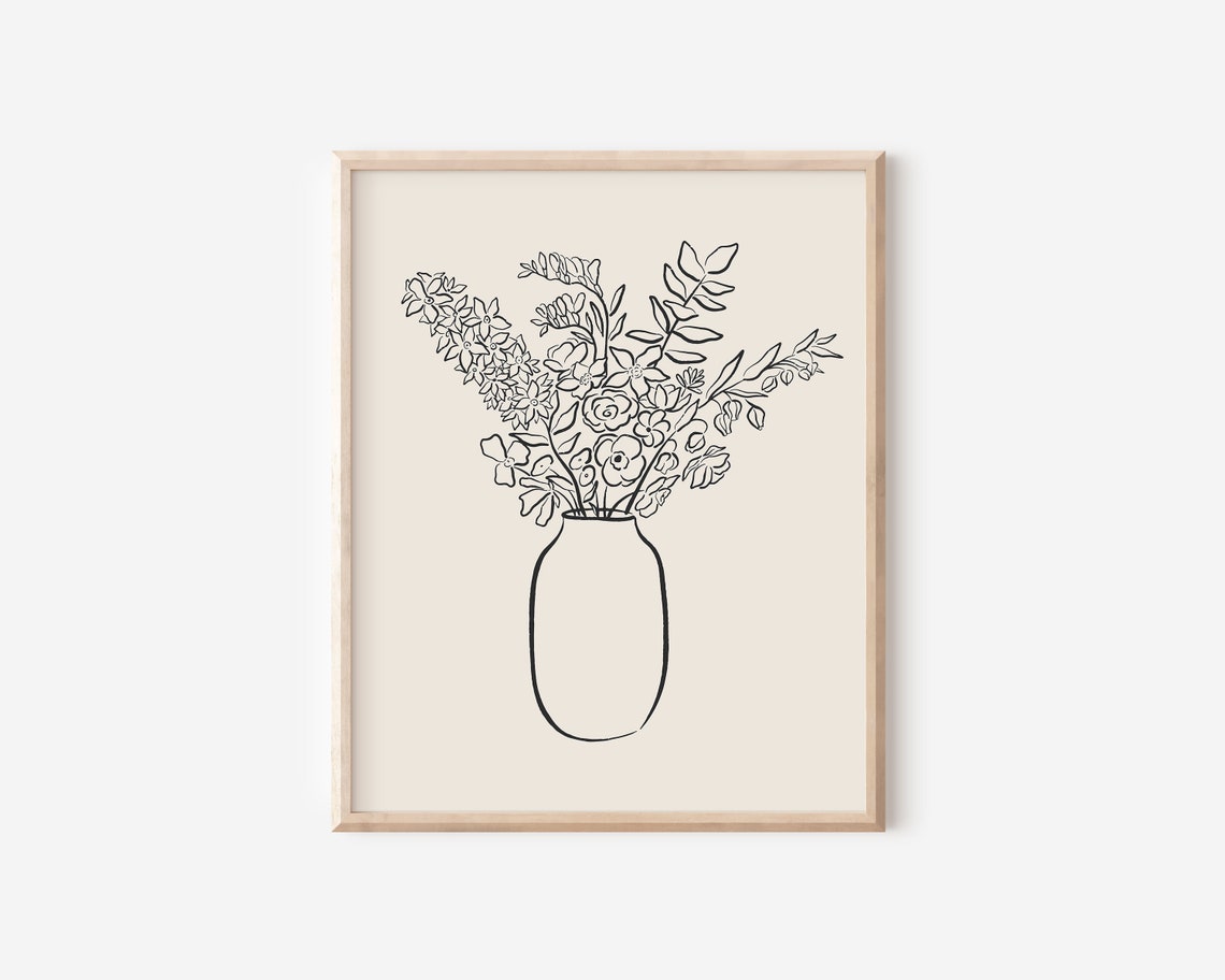 Minimalist Black Ink Flower Bouquet Vase Line Drawing Wall Poster