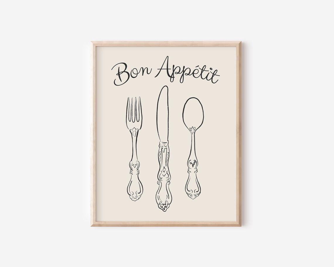 Bon Appetit French Kitchen Cutlery Line Art Vintage Dining Poster