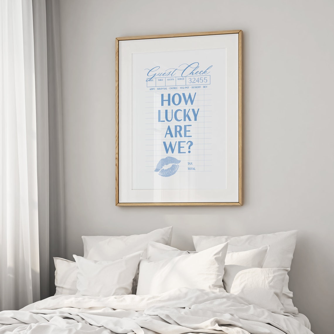 How Lucky Are We Light Blue Guest Check Kiss Mark Quote Poster - Image 2