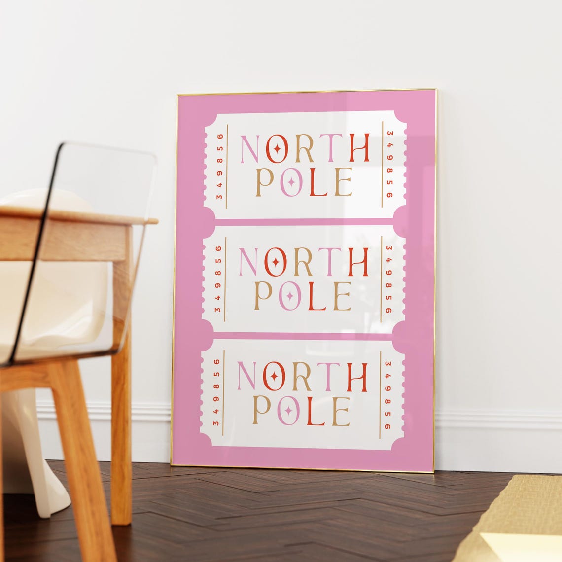 North Pole Ticket Pink Christmas Retro Holiday Triple Stub Poster - Image 2