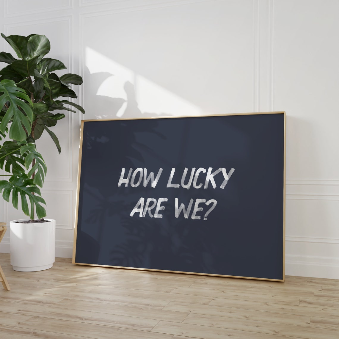 How Lucky Are We Navy White Brush Script Typography Art Poster - Image 2