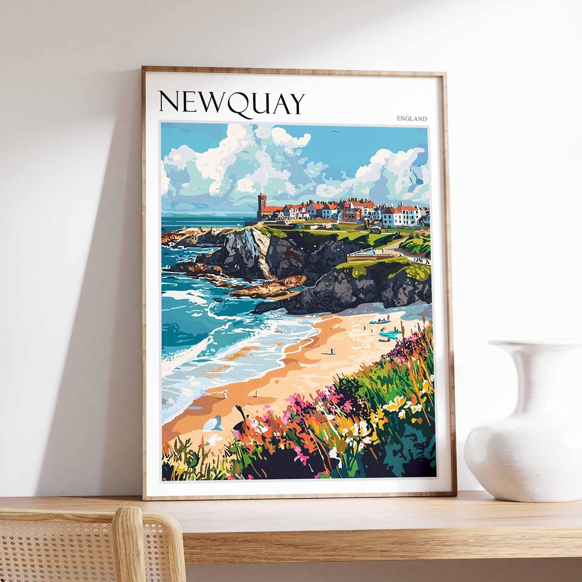 Newquay England Rocky Cliffs Crashing Waves Wildflowers Poster