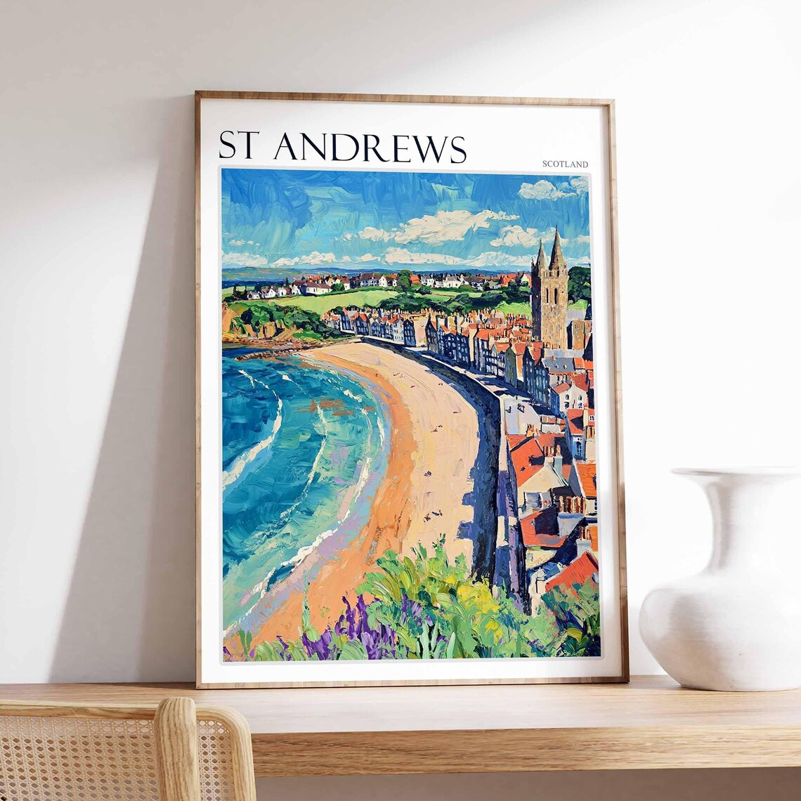 St Andrews Scotland Curved Beach Church Spire Flower Painting Poster