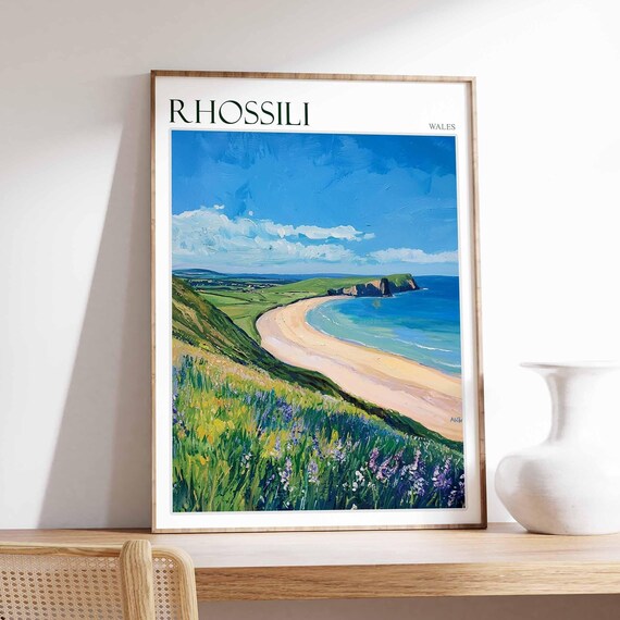 Rhossili Wales Flowering Clifftop Bay View Impressionist Poster
