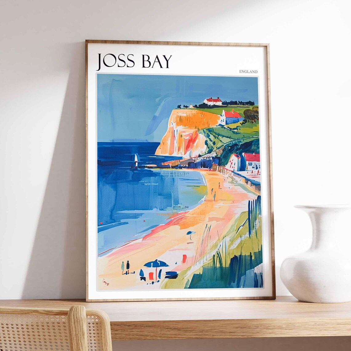 Joss Bay England Golden Cliffs Sandy Beach Sailboat Scene Poster