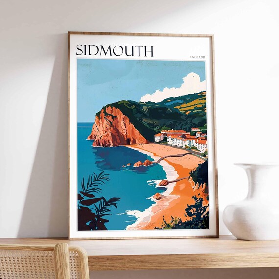 Sidmouth Red Cliffs Coastal Travel Poster England Seaside Town