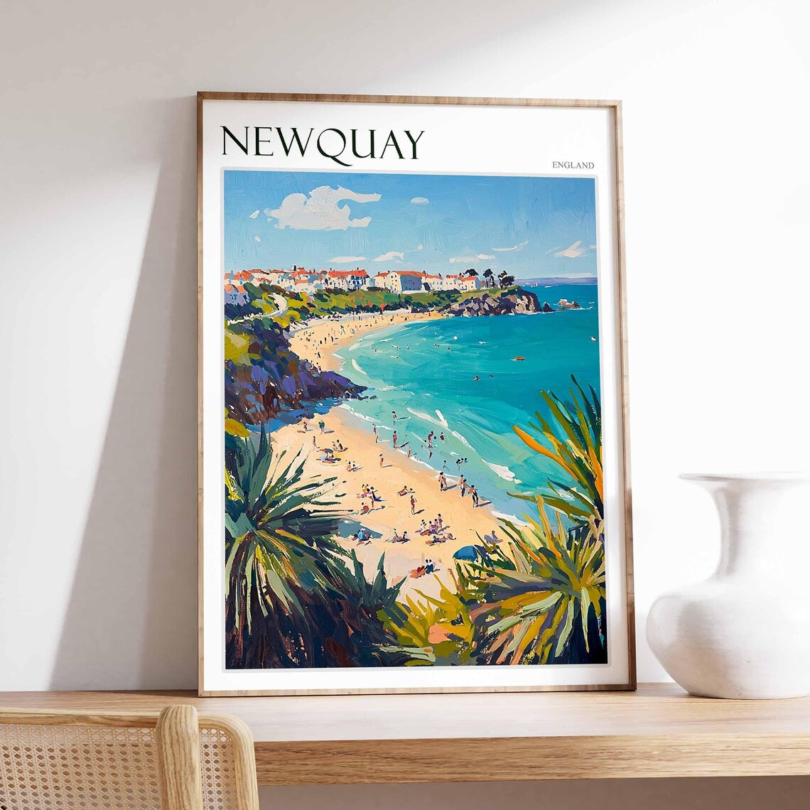 Newquay England Beach Palm Plants Headland Town Scene Poster