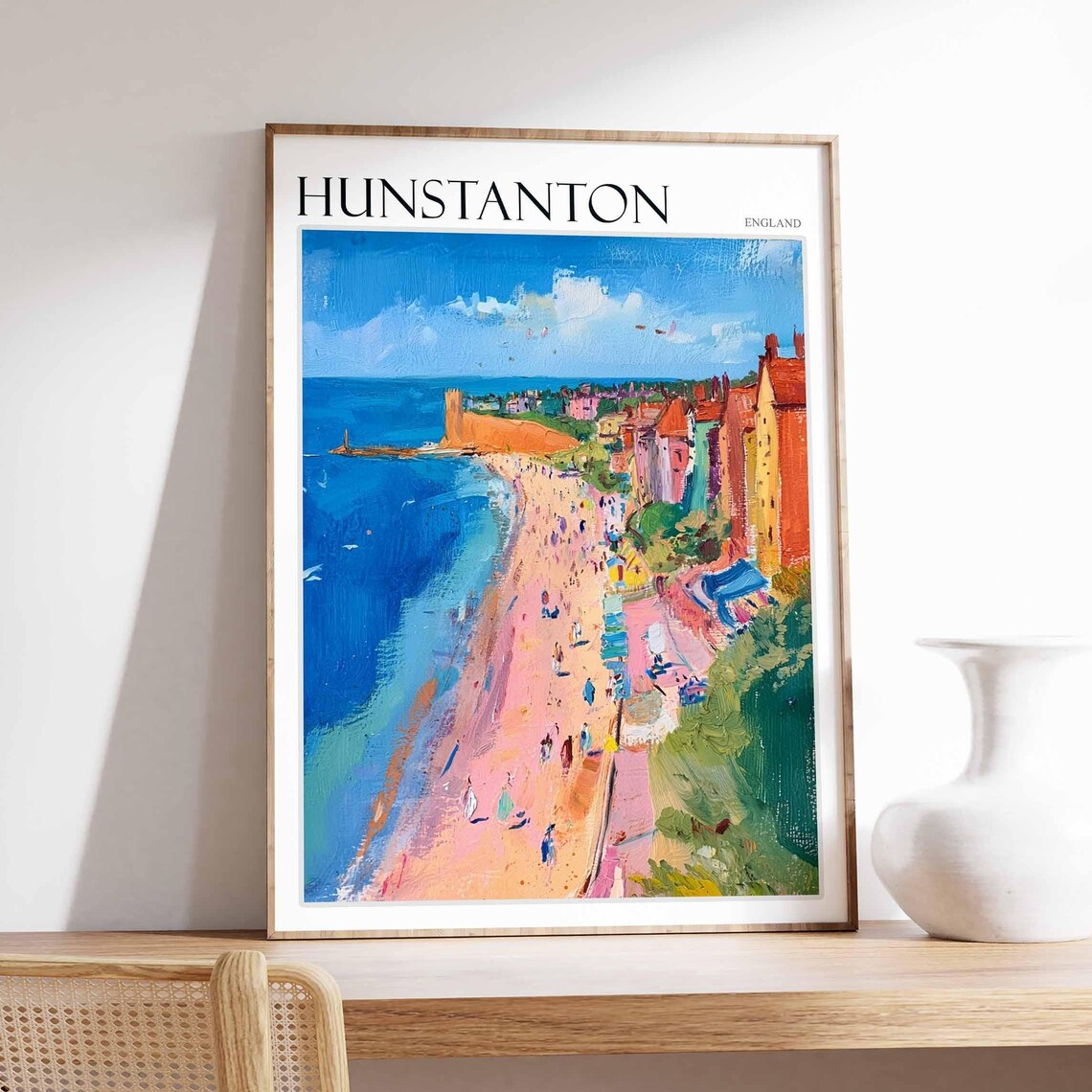 Hunstanton England Busy Beach Colourful Seaside Terraces Poster