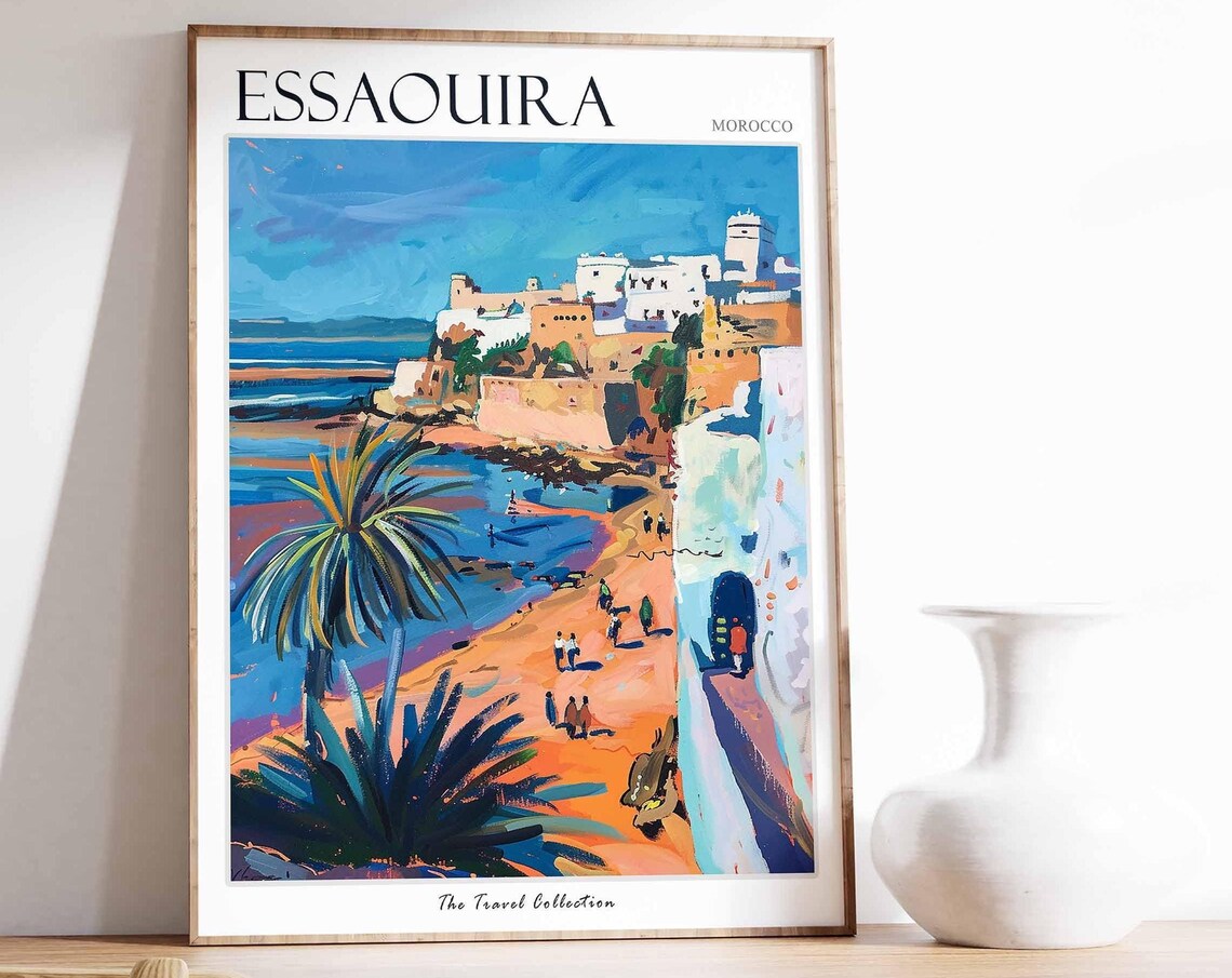 Essaouira Morocco Palm Beach Ramparts Colorful Flat Art Travel Poster