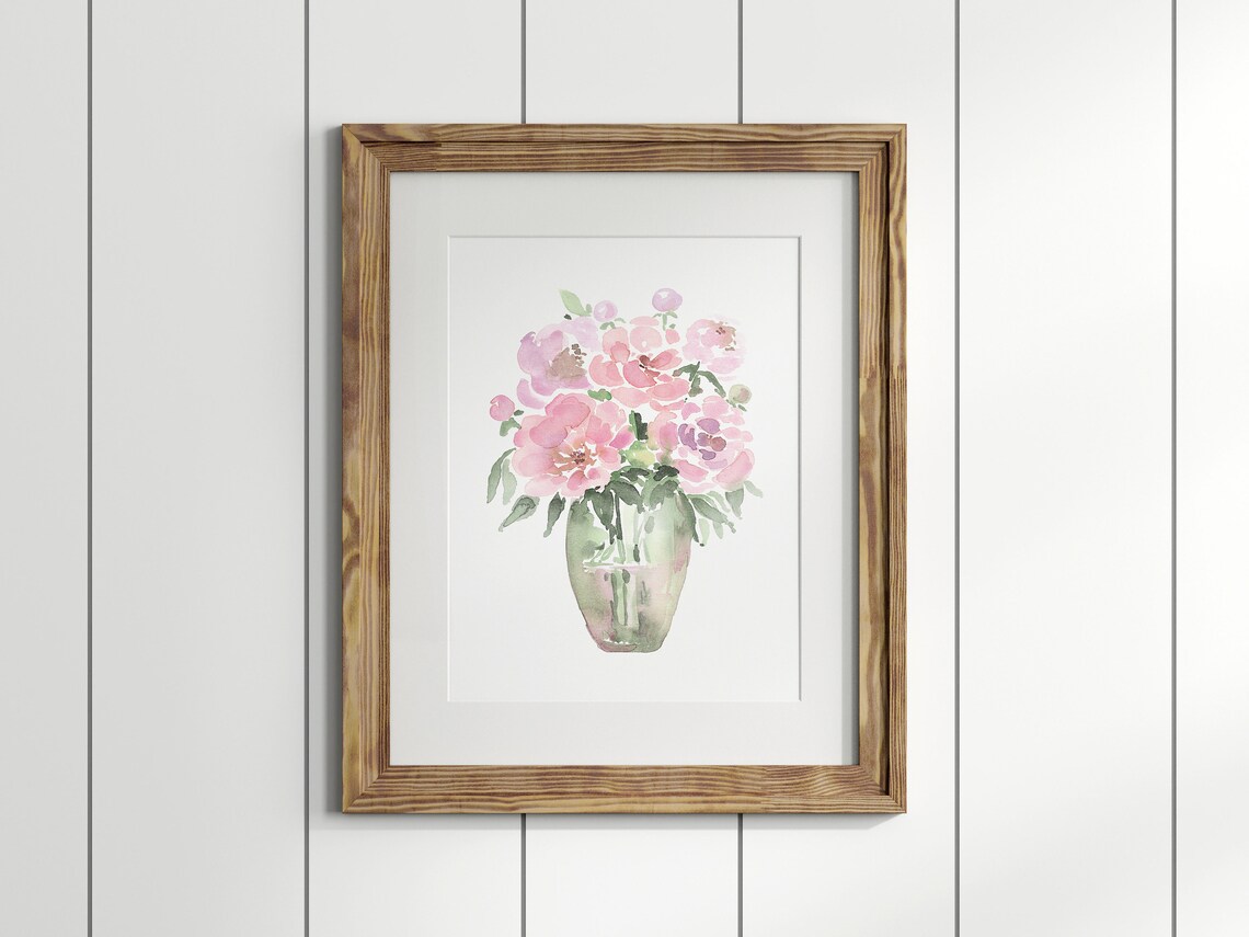 Pink Peony Bouquet Watercolor Floral Painting In Vase Poster - Image 2
