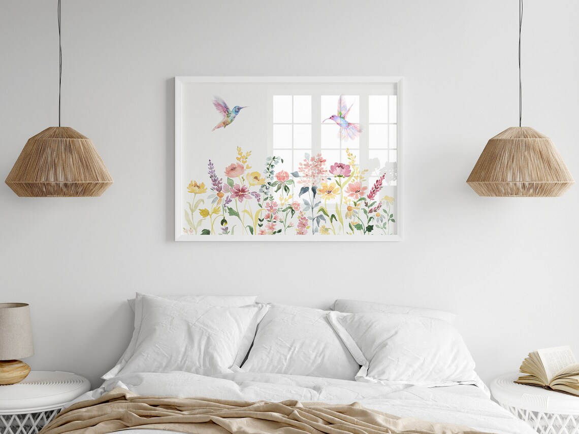 Wildflowers and Hummingbird Watercolor Art Print - Image 2