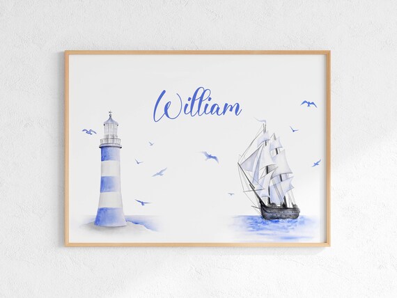 William Personalized Lighthouse Sailing Ship Nautical Nursery Poster
