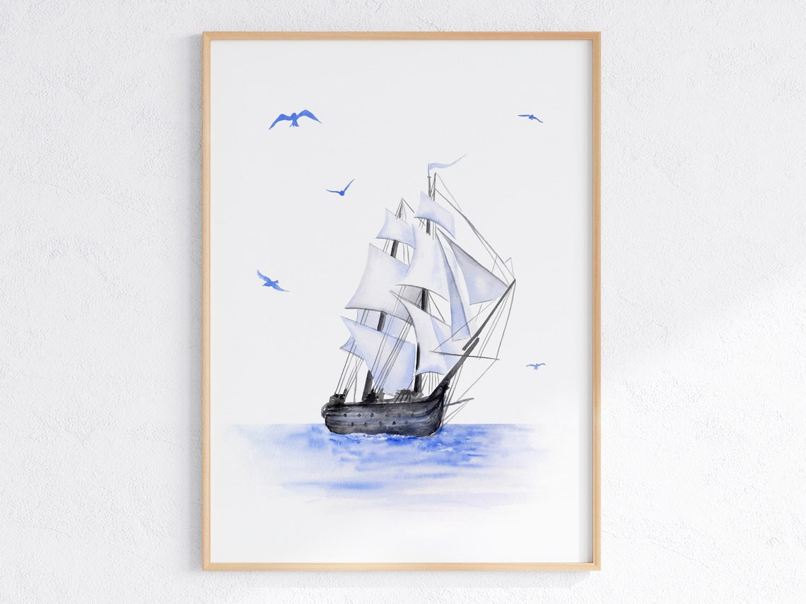 Monochrome Blue Watercolor Tall Sailing Ship Seagulls Art Poster