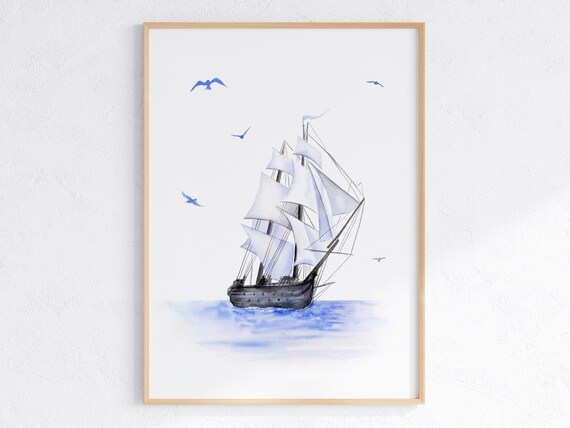 Monochrome Blue Watercolor Tall Sailing Ship Seagulls Art Poster