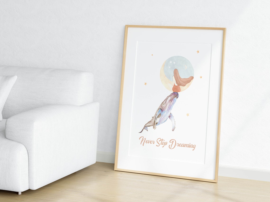 Never Stop Dreaming Whale Moon Watercolor Nursery Art Poster - Image 2