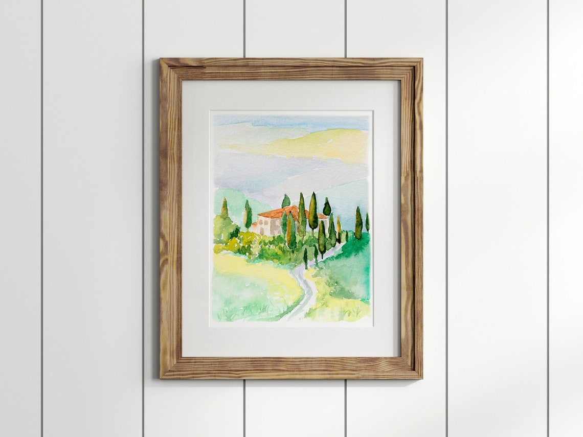 Tuscany Italy Villa Cypress Trees Hillside Watercolor Poster