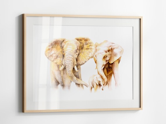 Elephant Family Poster Watercolor Two Adults and Calf in Soft Gold Tones