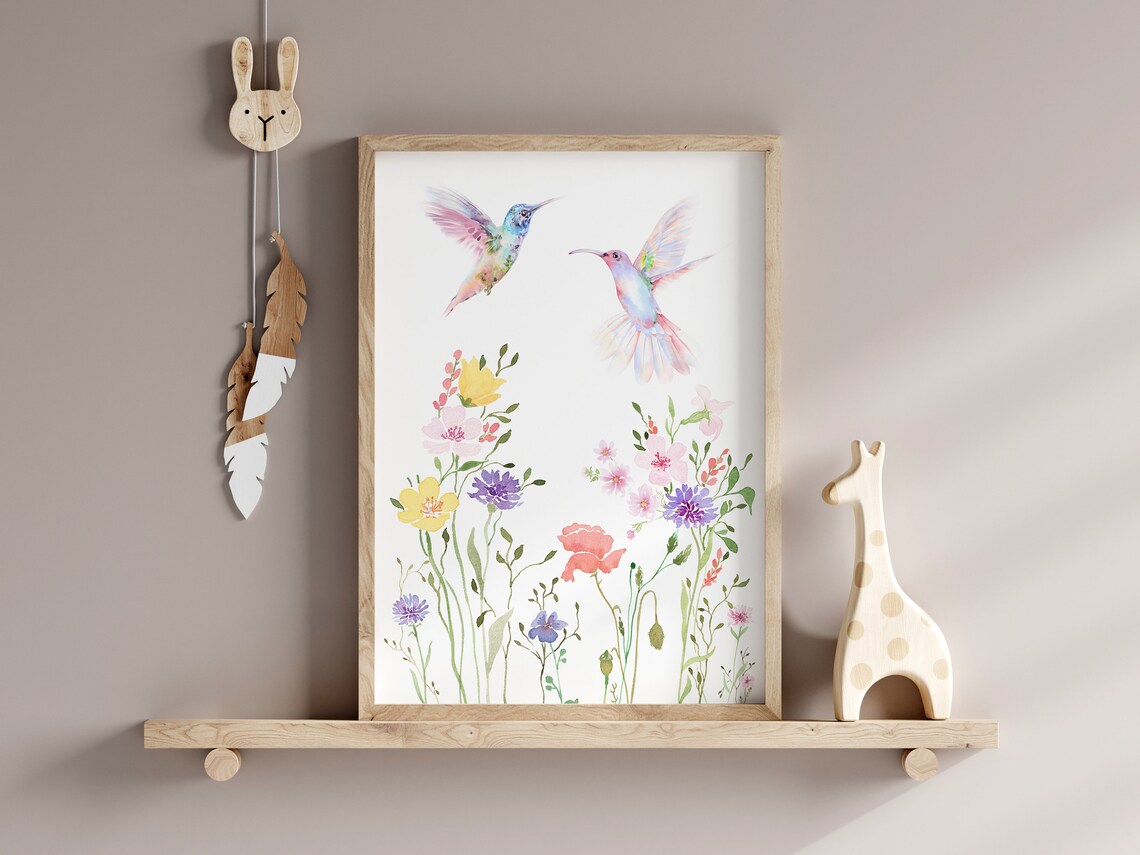 Hummingbirds and Wildflowers Watercolor Art Print - Image 2