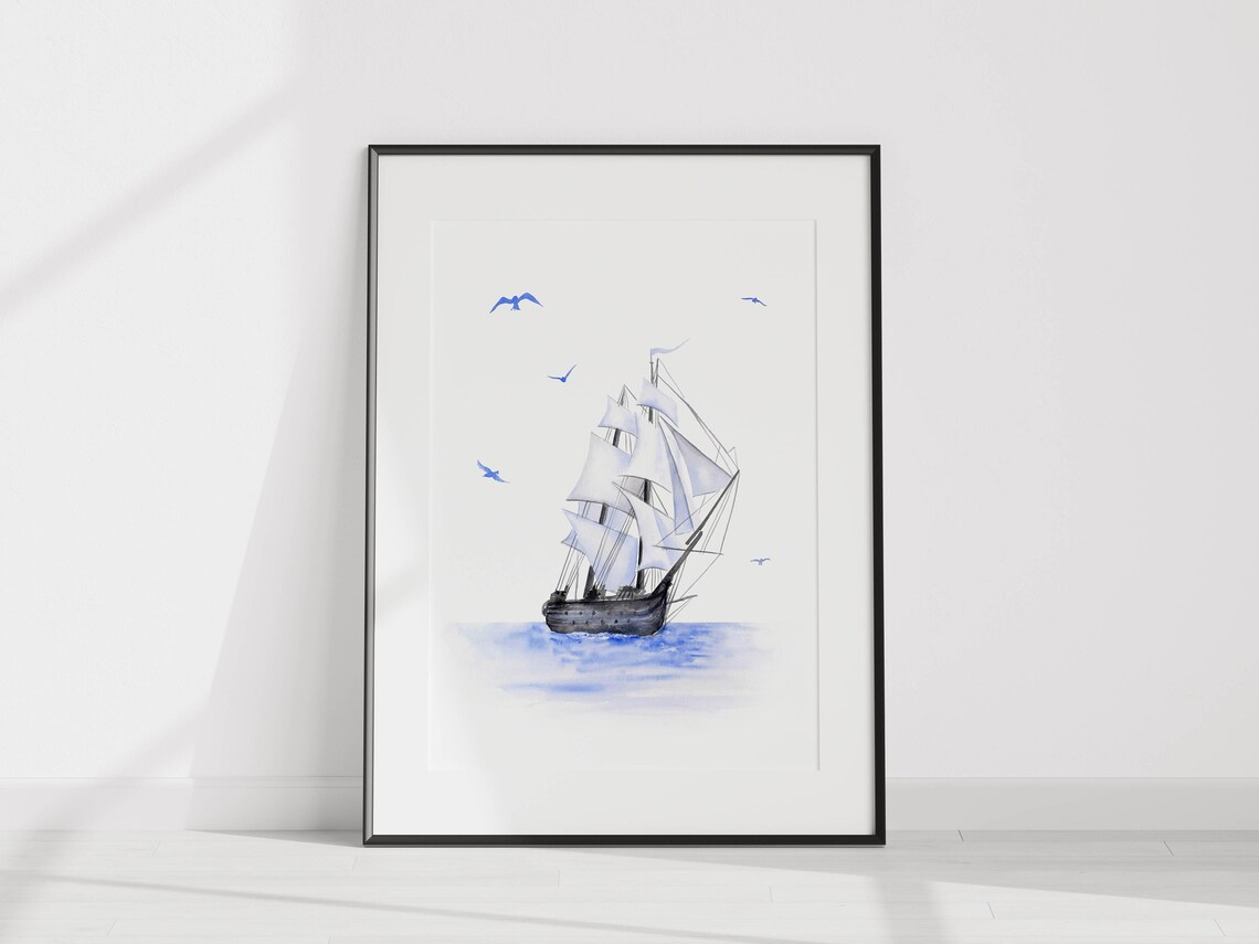 Monochrome Blue Watercolor Tall Sailing Ship Seagulls Art Poster - Image 2