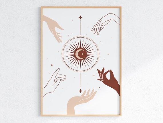 Boho Sun And Moon Mystical Hands Celestial Terracotta Art Print