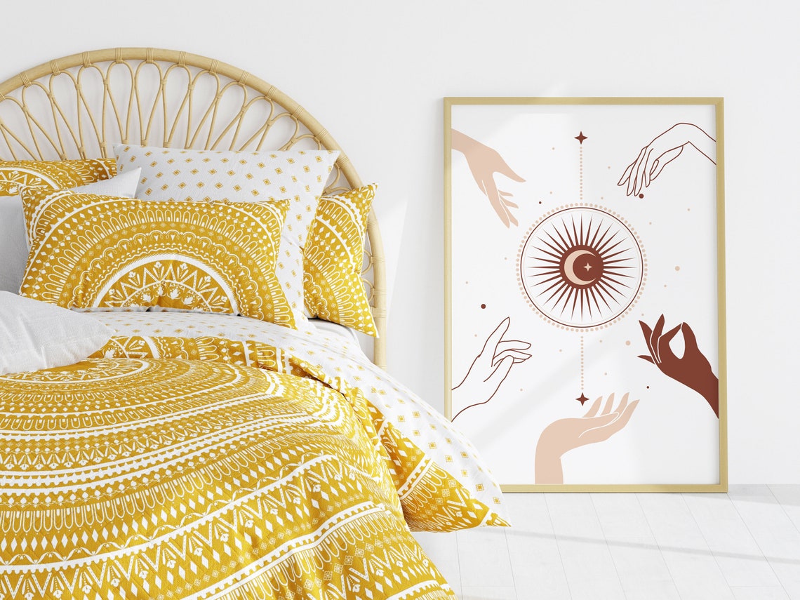 Boho Sun And Moon Mystical Hands Celestial Terracotta Art Print - Image 2