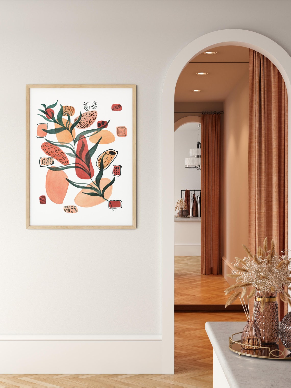 Abstract Boho Botanical Art With Terracotta Leaves Mid Century Poster - Image 3