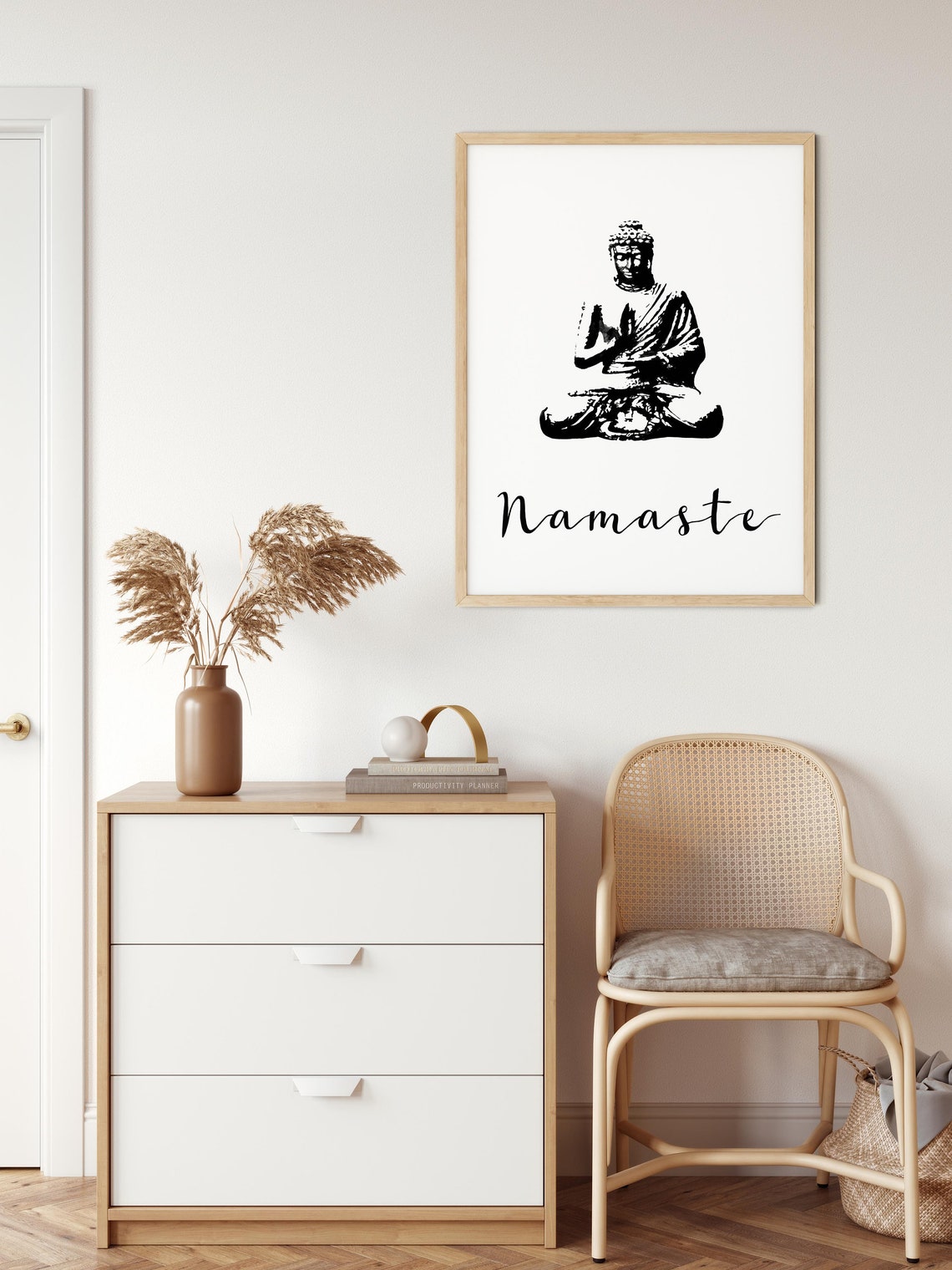 Namaste Buddha Statue Black White Meditation Minimalist Poster - Image 2