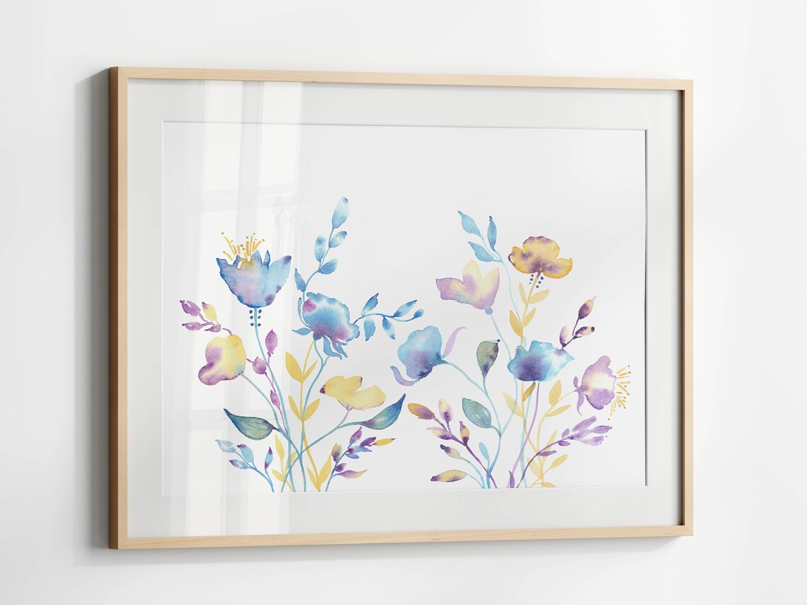 Blue Purple And Gold Abstract Wildflower Watercolor Art Print