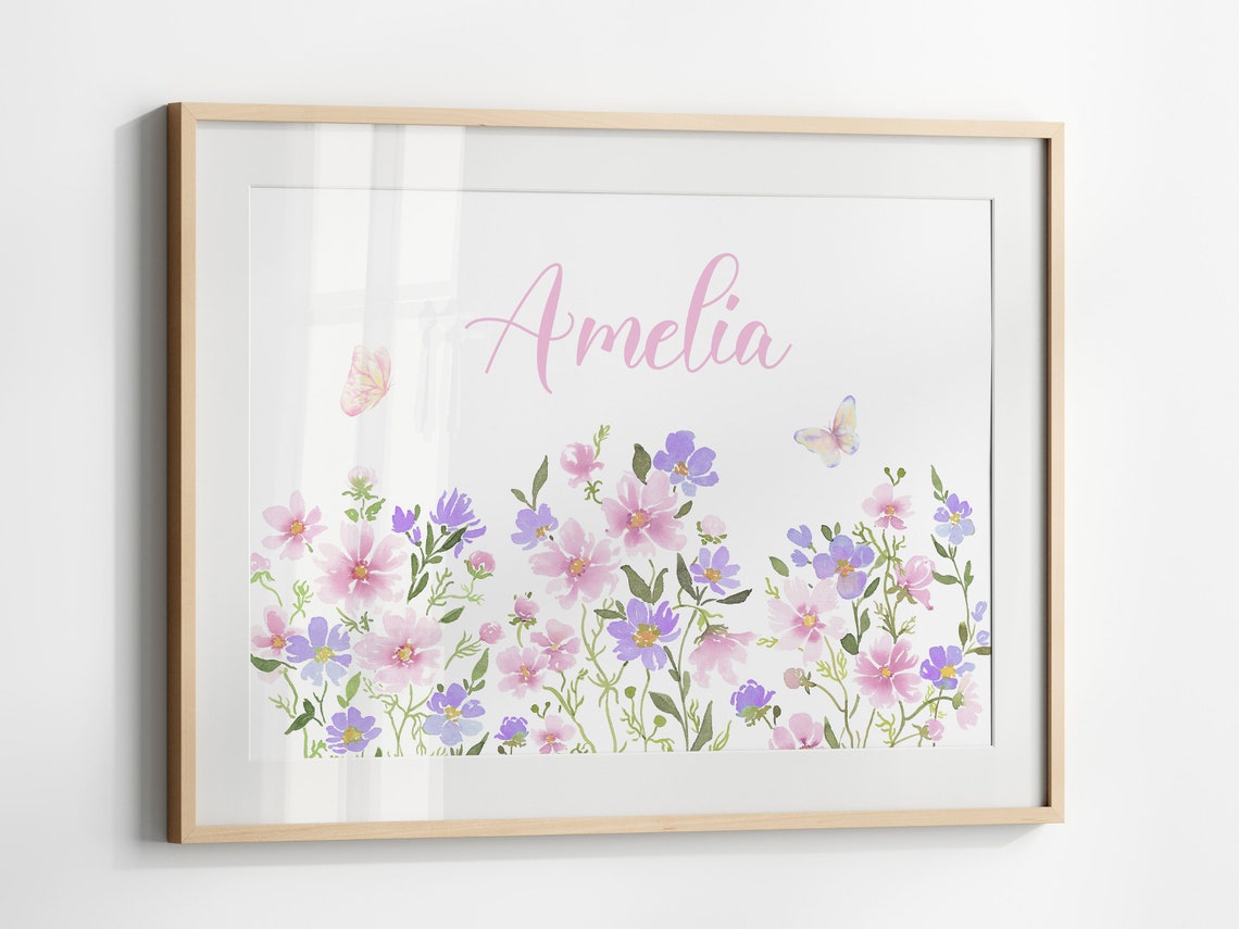 Amelia Personalized Name Wildflower Butterfly Nursery Poster