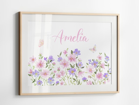 Amelia Personalized Name Wildflower Butterfly Nursery Poster