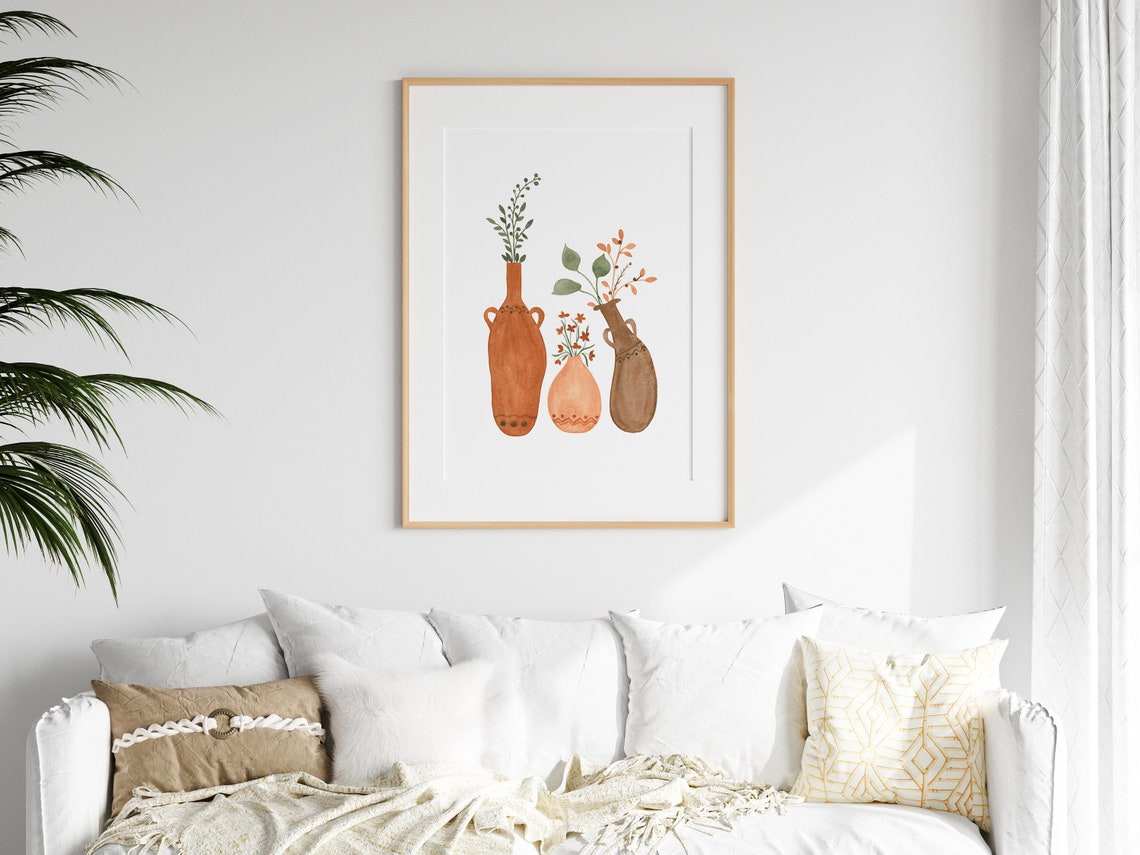 Boho Terracotta Vases Botanical Sprigs Watercolor Rustic Poster - Image 3