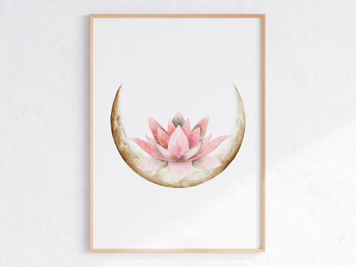 Lotus Flower and Moon Watercolor Art Print