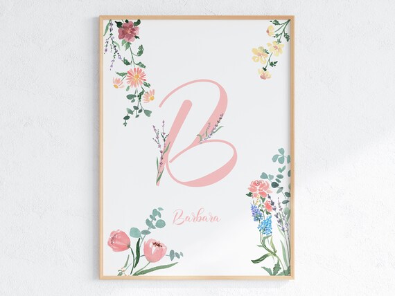 Personalized Floral Initial Name Nursery Watercolor Art Print