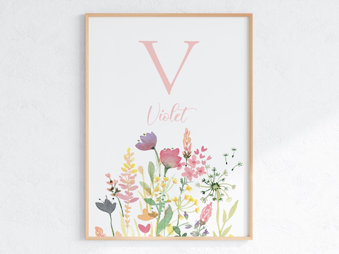 Personalized Wildflower Initial Nursery Watercolor Name Print