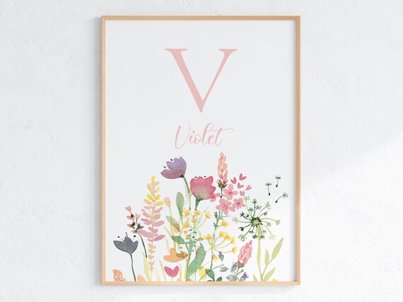 Personalized Wildflower Initial Nursery Watercolor Name Print