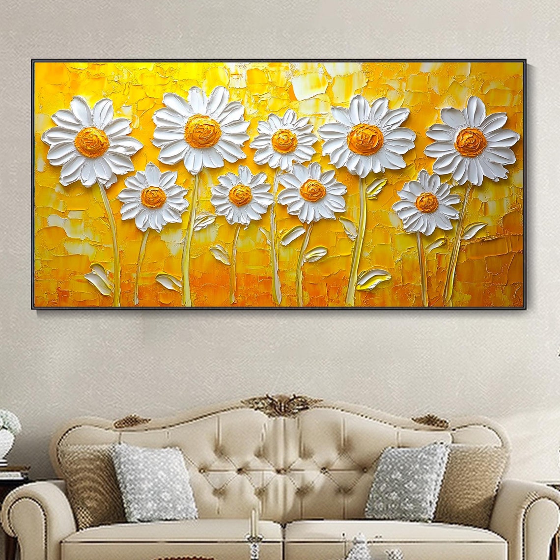 White Daisies On Golden Yellow Textured Floral Painting Poster
