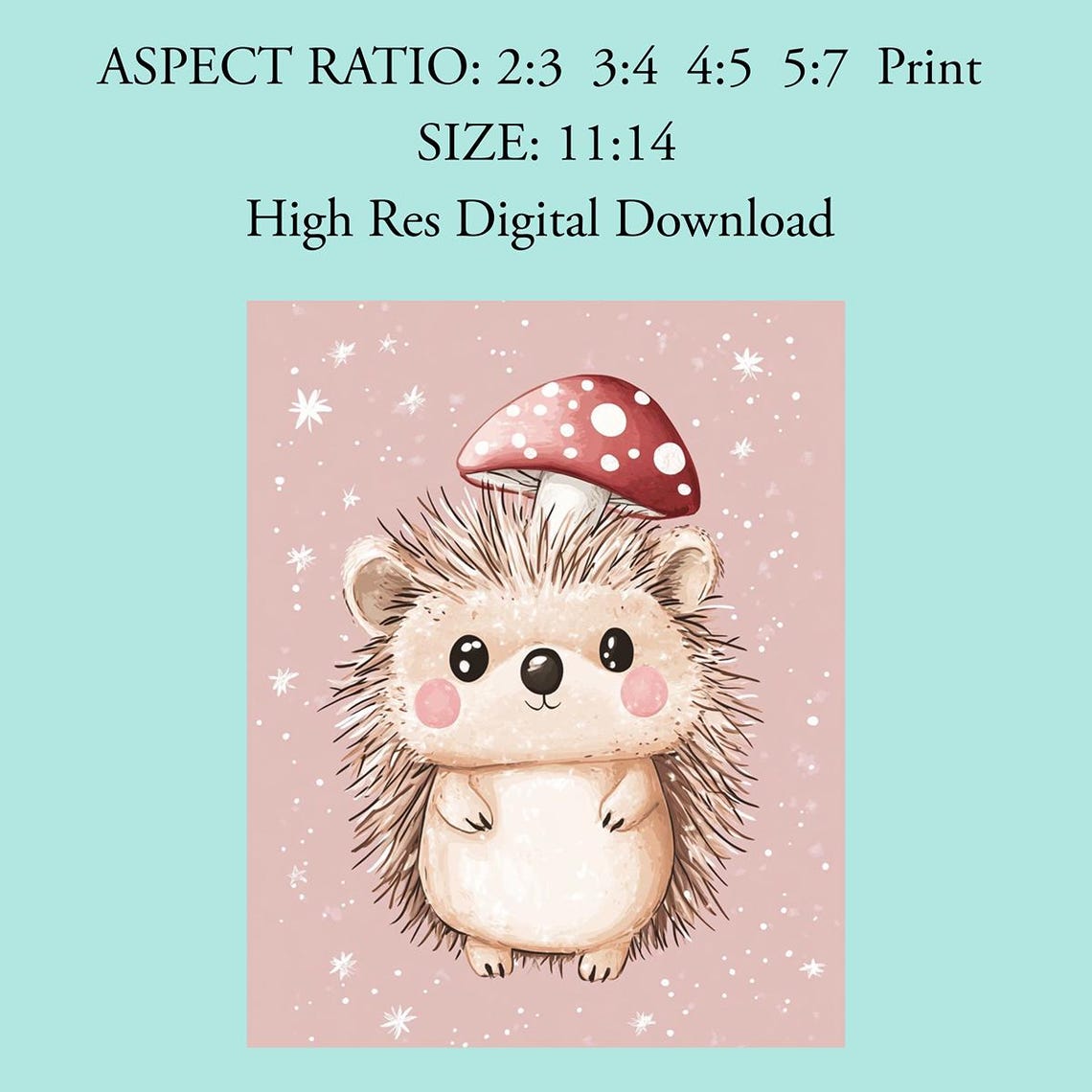 Cute Hedgehog With Mushroom Cap Sparkling Pink Nursery Poster - Image 4