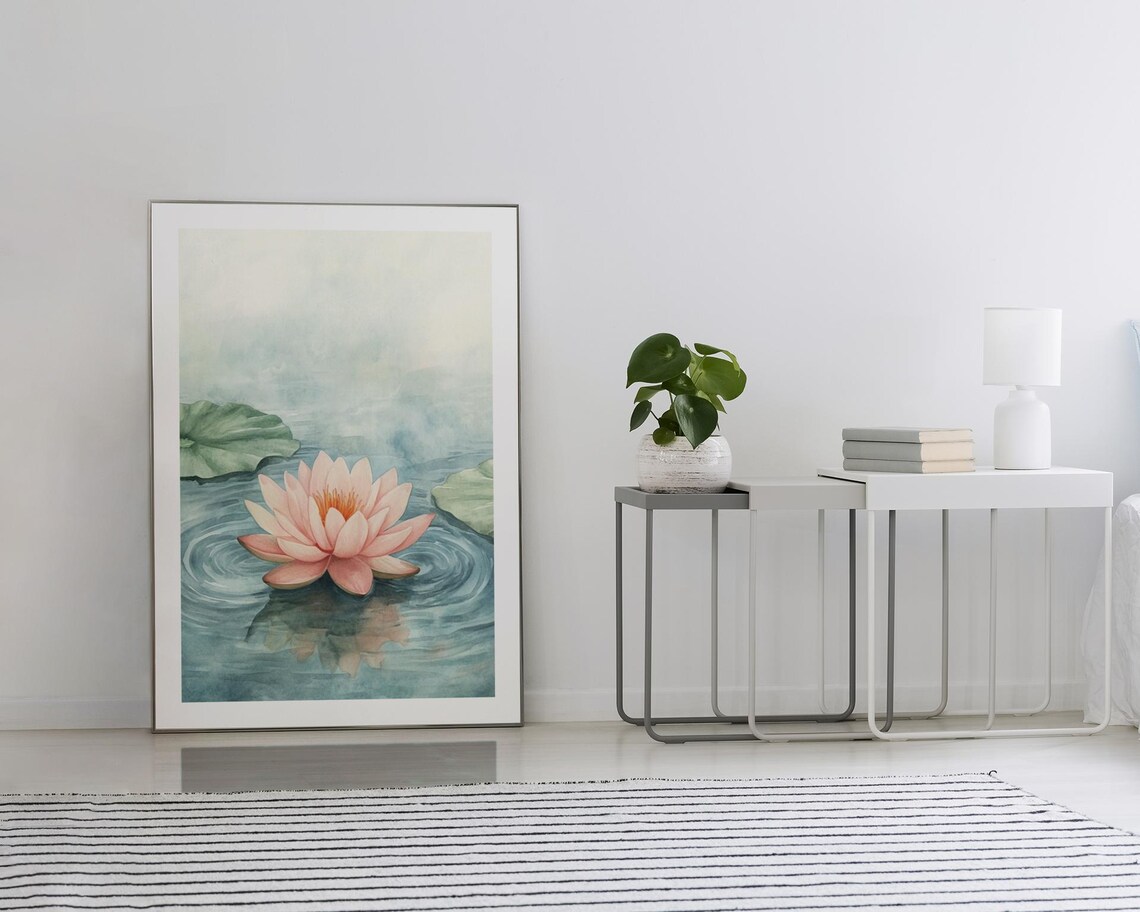 Pink Water Lily Floating on Blue Pond Watercolor Floral Poster - Image 2