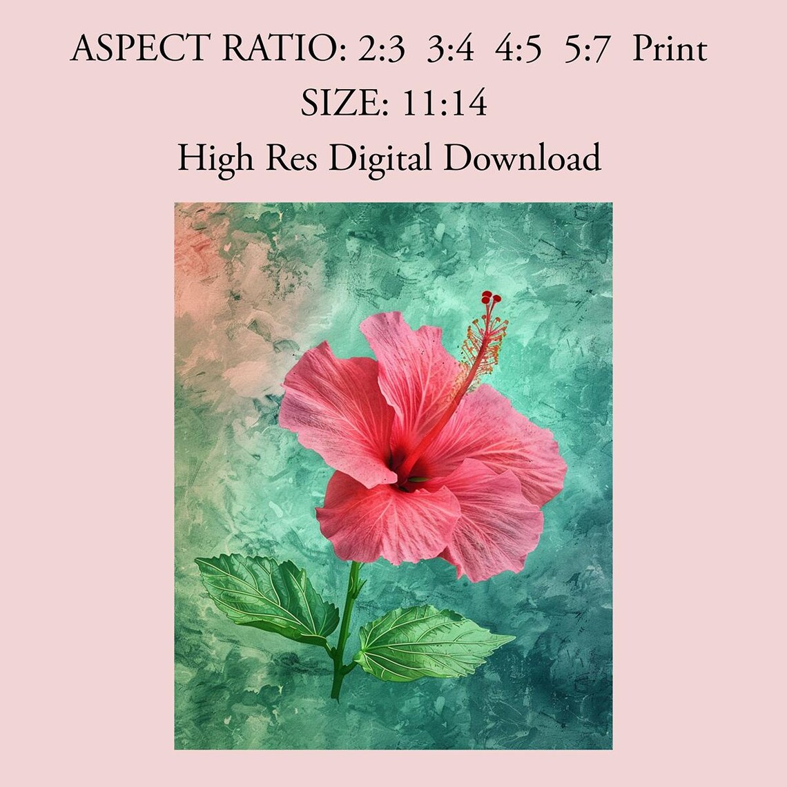 Pink Hibiscus Flower Watercolor On Teal Background Floral Poster - Image 3