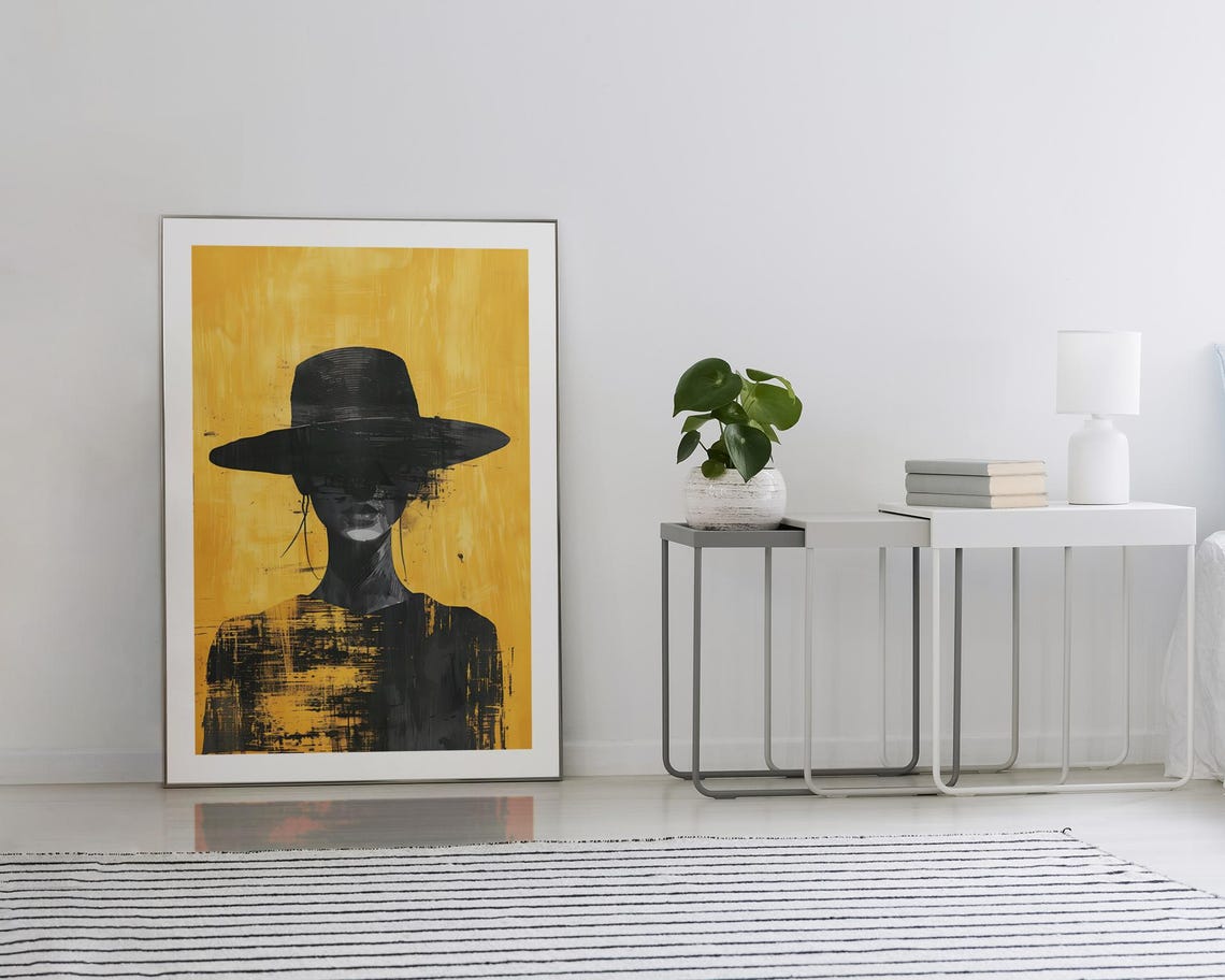 Abstract Black And Yellow Woman In Hat Modern Decor Art Poster - Image 2
