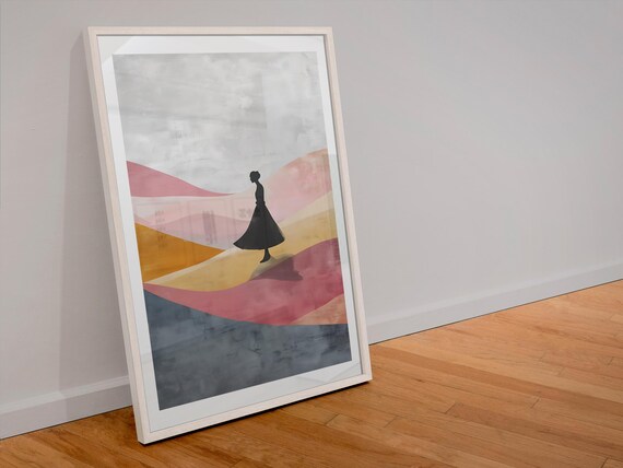Woman Silhouette Walking Colorful Rolling Hills Abstract Art Poster