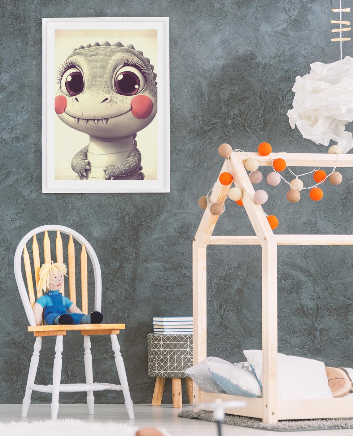 Cute Baby Dinosaur Gray Nursery Animal Illustration Kids Poster - Image 3