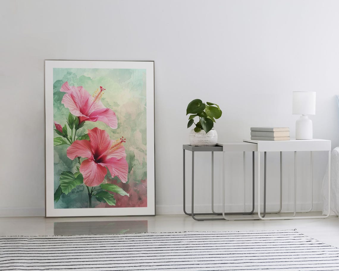 Pink Hibiscus Blossoms Watercolor Tropical Floral Garden Poster - Image 2
