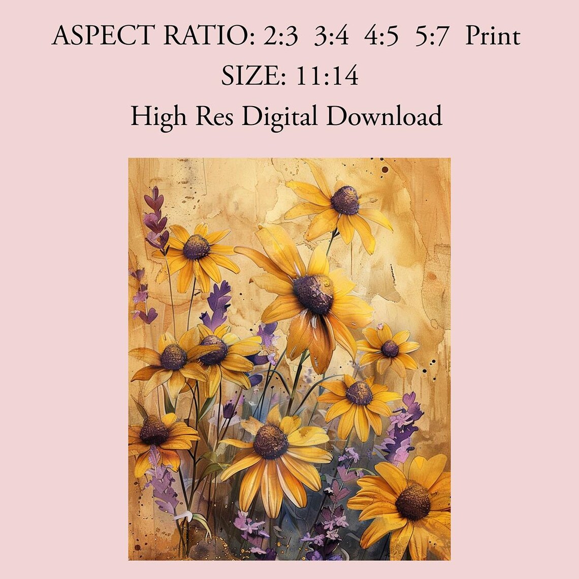 Sunflower Watercolor With Purple Wildflowers Golden Floral Poster - Image 2