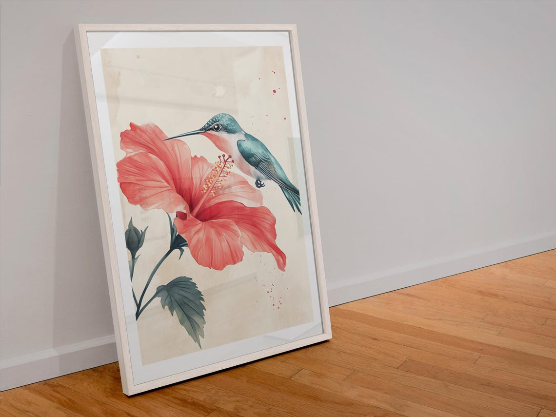 Watercolor Hummingbird Sipping a Red Hibiscus Flower Wall Art