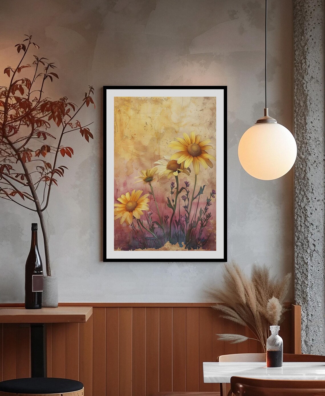 Sunflower Watercolor Golden Pink Rustic Background Floral Poster